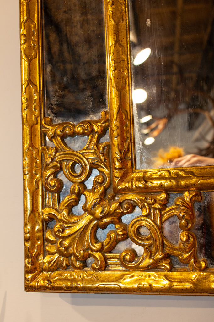 Antique Belgian Giltwood Overlay Mirror with Smoky Glass Accents
