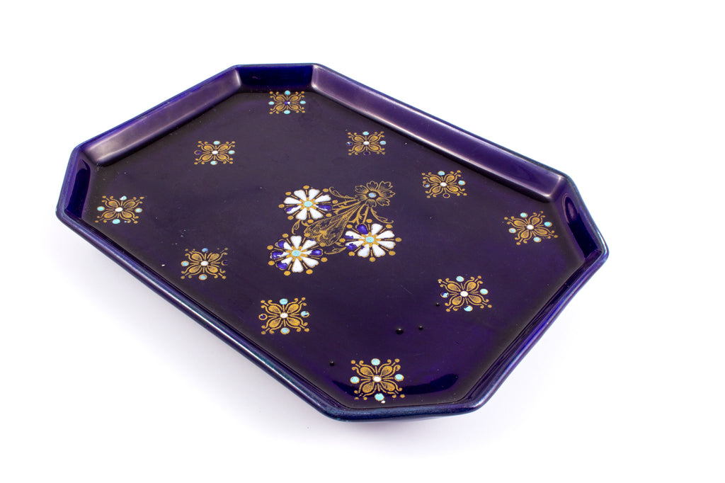 Vintage Portuguese Ceramic Painted Tray in Cobalt Glaze