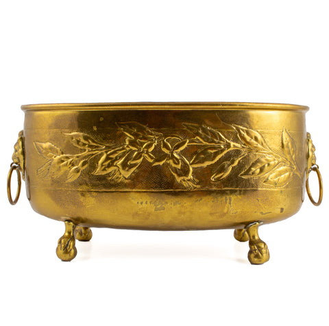 Vintage French Ovular Brass Cachepot with Lion's Head Detail