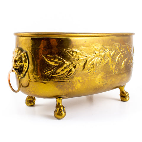 Vintage French Ovular Brass Cachepot with Lion's Head Detail