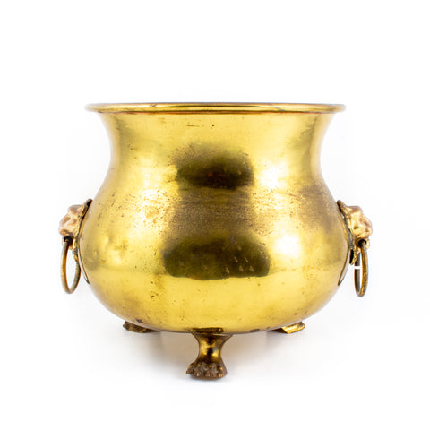 Vintage French Urn-Shaped Brass Cachepot with Lion's Head Detail