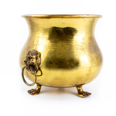 Vintage French Urn-Shaped Brass Cachepot with Lion's Head Detail