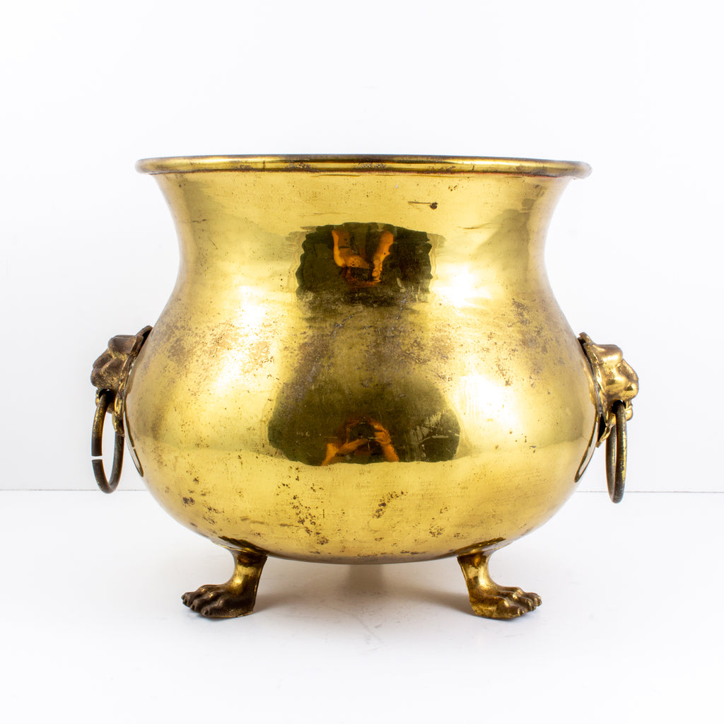 Vintage French Urn-Shaped Brass Cachepot with Lion's Head Detail