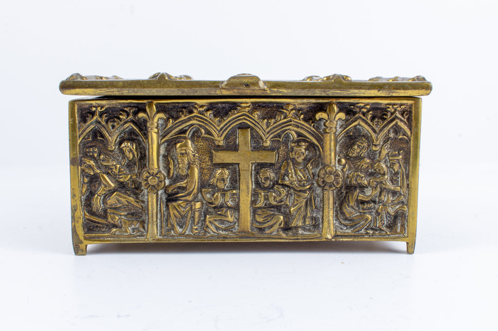 Antique Brass Reliquary Box with Stations of the Cross Decoration found in France