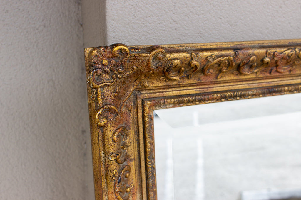 Antique French Rectangular Floral & Gilt Frame Mirror with Beveled Glass Detail