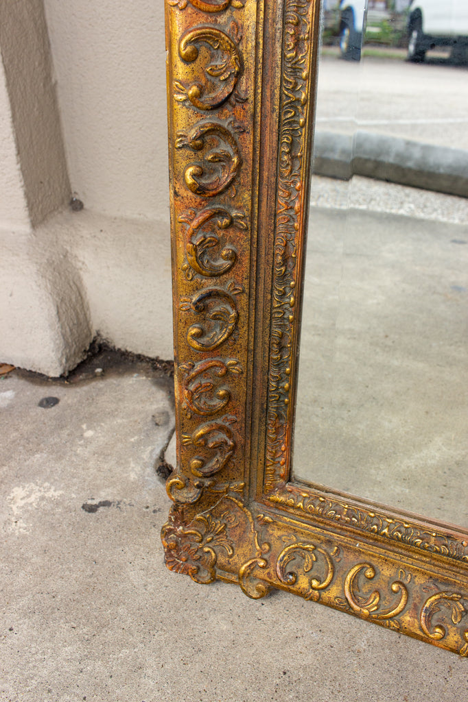 Antique French Rectangular Floral & Gilt Frame Mirror with Beveled Glass Detail