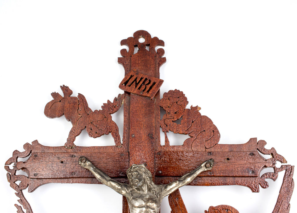 Vintage Handmade Belgian Wood & Pewter Crucifix Art