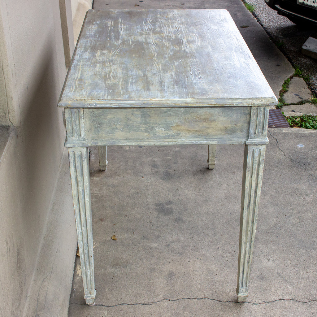 Vintage French Wood Desk with Hand-Painted Greige Finish and Fluted Legs