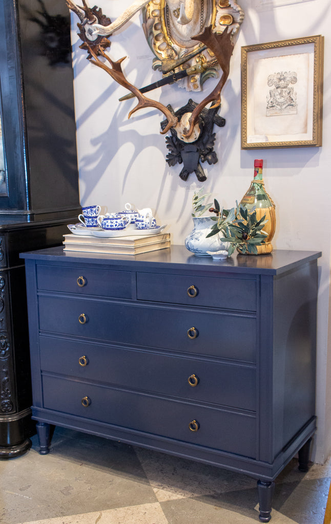 Midcentury French Hollywood Regency Dresser in Hale Navy Painted Finis Laurier Blanc | Unique Home Decor From Around The World Midcentury French Hollywood Regency Dresser in Hale Navy Painted Finis Laurier Blanc | Unique Home Decor From Around The World