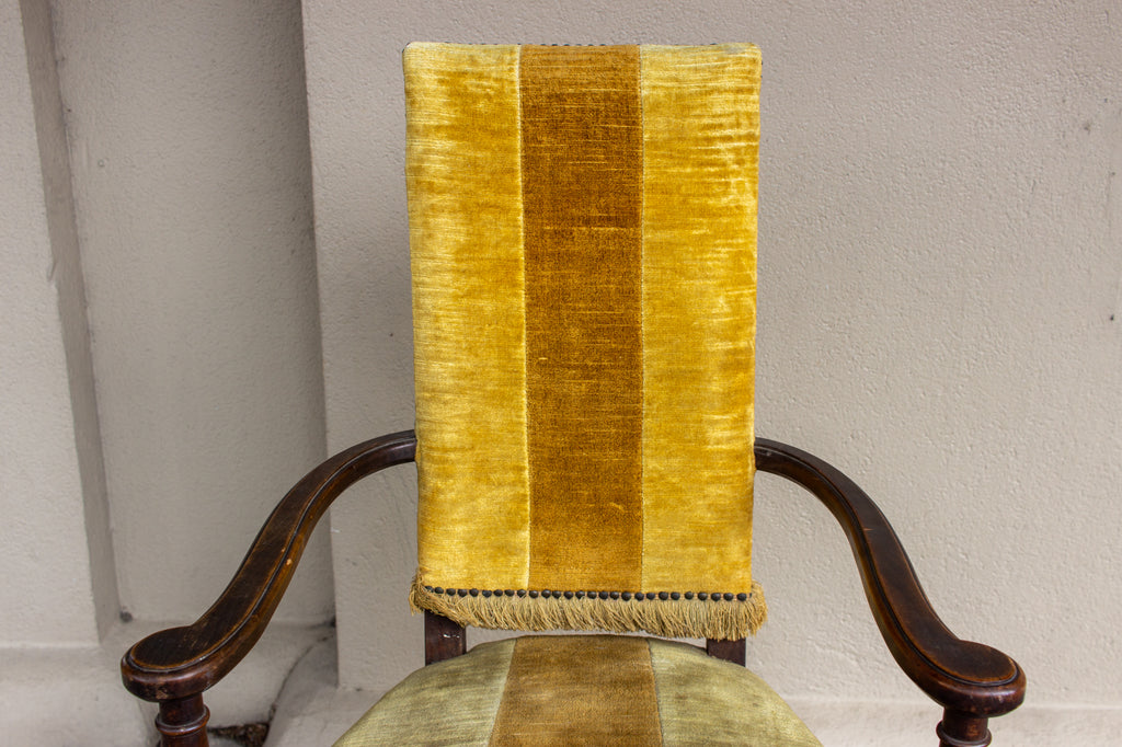 Antique Spanish Oak & Velvet Stripe Armchair with Fringe Detail