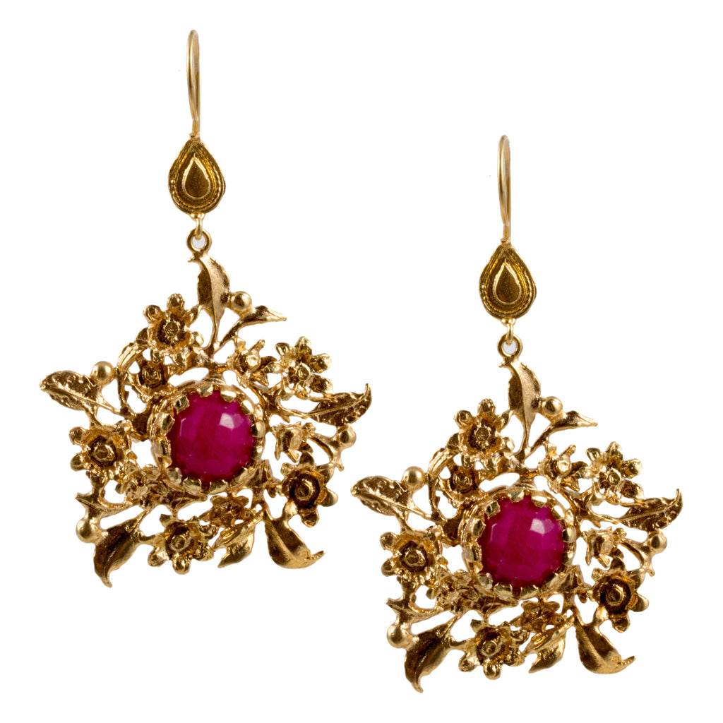 Turkish Delights Earrings: Floral Filigree Drops with Fuchsia Center Stone