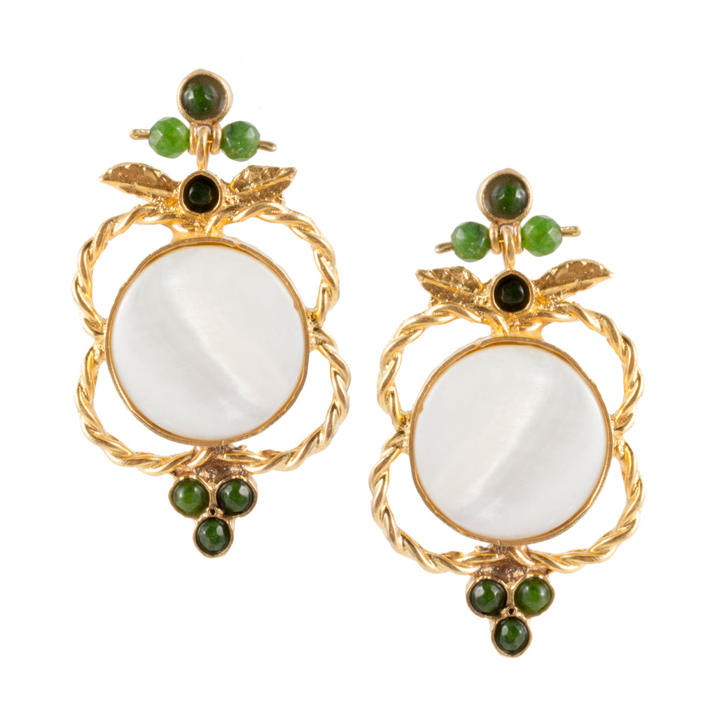 Turkish Delights Earrings: Mother of Pearl Medallions with Green Accents