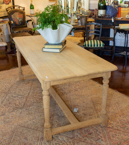 Vintage Stripped French Oak Farm Table with Turned Legs