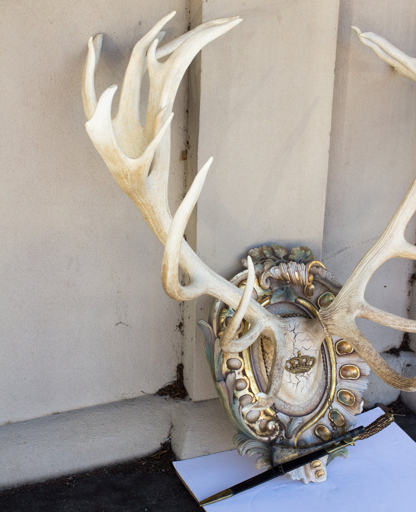 Antique Bleached Habsburg Red Stag Antlers on Rococo Plaque with Kaiser & King Hunt Horn