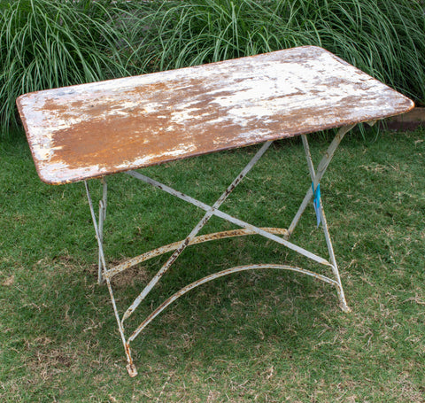 Antique French Folding Metal Garden Table in Distressed White Finish