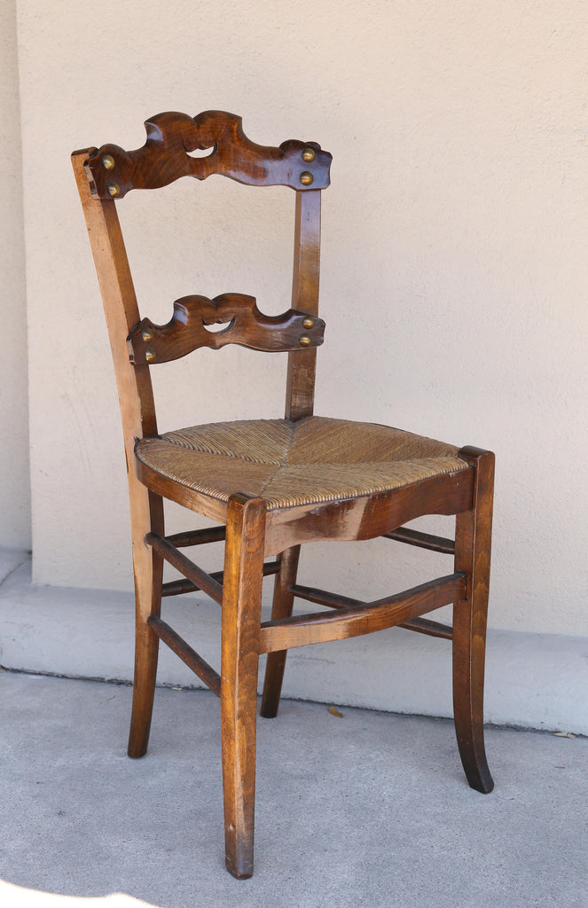 Set of Six 19th c French Oak Ornate Dining Chairs with Rush Seats