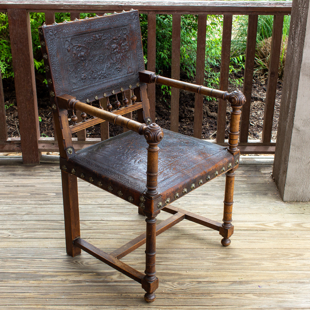 Antique Embossed Italian Leather & Wood Armchair with Studded Brass Detail