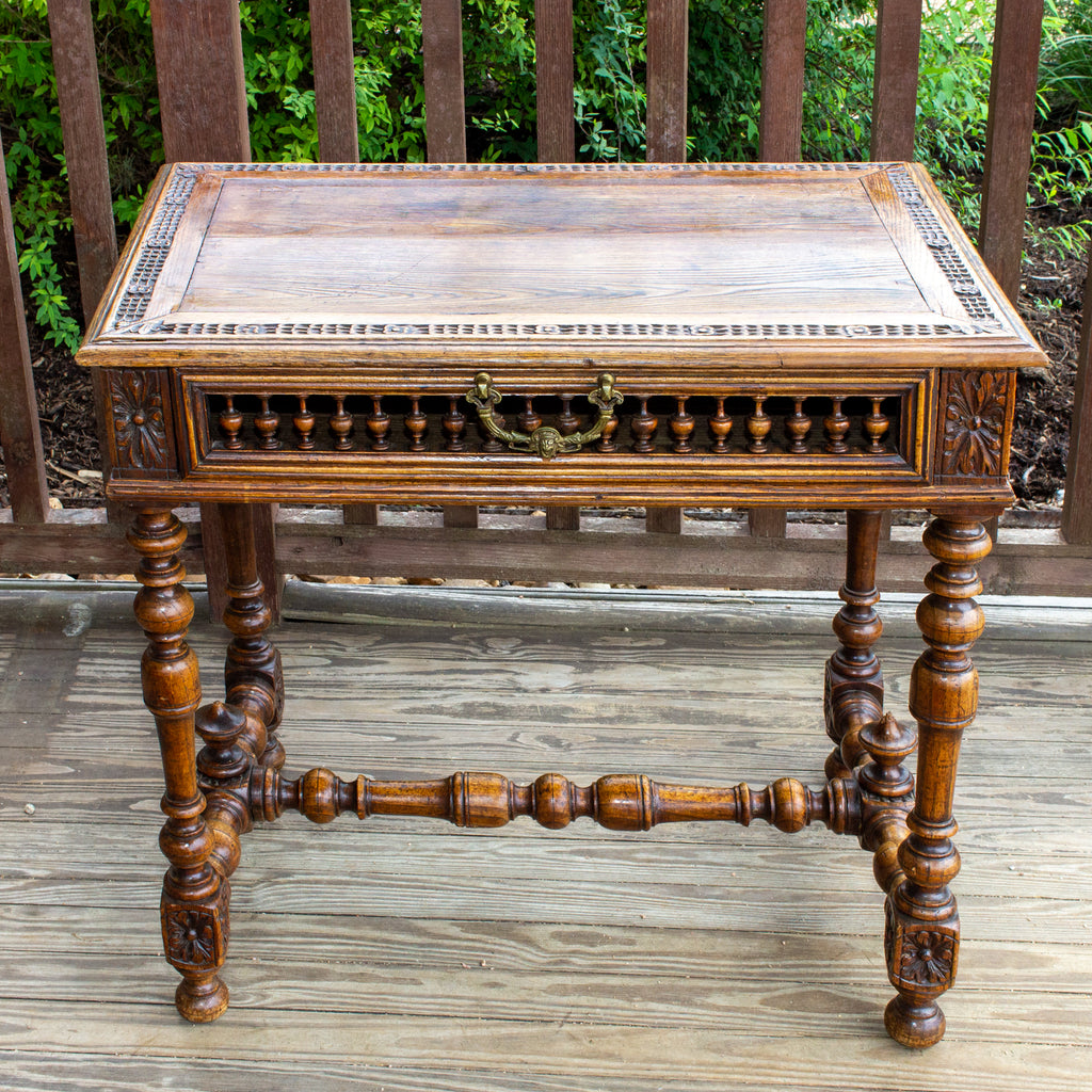 Antique French Oak Carved Gothic Style Writing Desk with Drawer & Iron Hardware