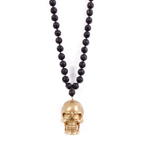 Hand-cast Brass Skull Pendant & Lava Mala Bead Necklace