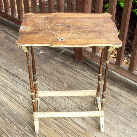 Distressed Antique French Carved Top Side Table