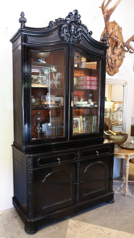 Large Antique Belgian Ebonized Wood Deux Corps Bookshelf