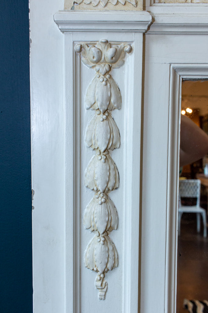 Antique French Painted Trumeau Mirror with Plaster Panel Detail in Antique White