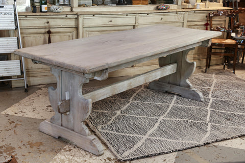 Antique Belgian Oak Trestle Dining Table in Greige Wash