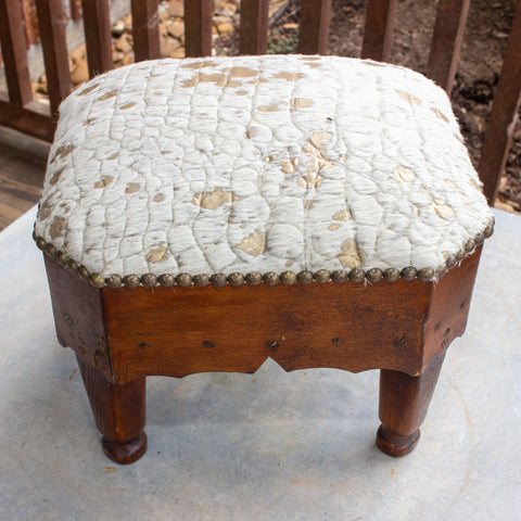 Antique French Wood Petit Foot Stool with Gold Splatter Embossed Cowhide Top