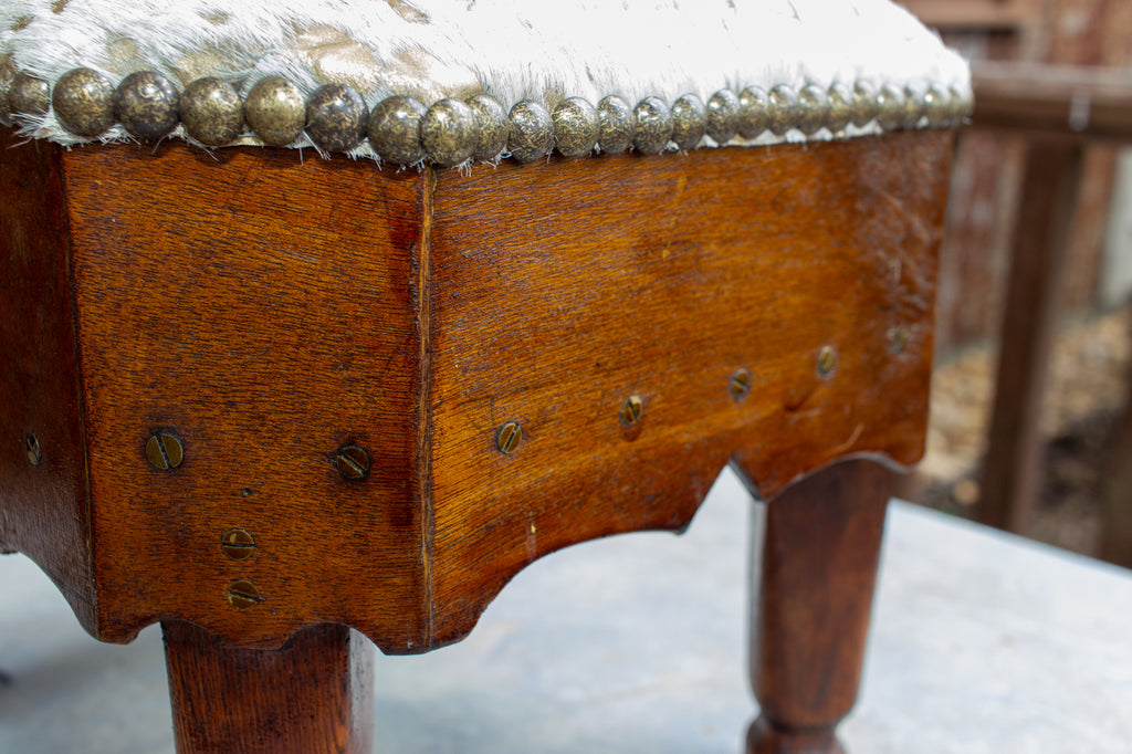 Antique French Wood Petit Foot Stool with Gold Splatter Embossed Cowhide Top