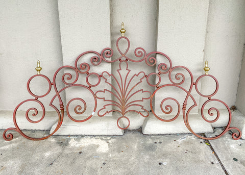 Antique French Art Nouveau Painted Iron Panel with Brass Finials