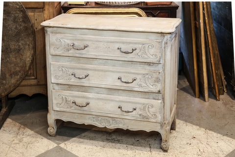 Antique French Petite Bleached Three-Drawer Dresser with Carved Drawers
