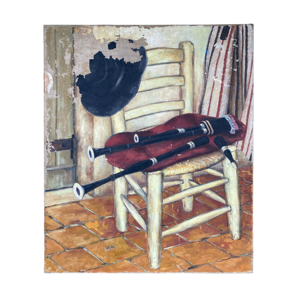 Antique Distressed French Painting of Bagpipes & Chair