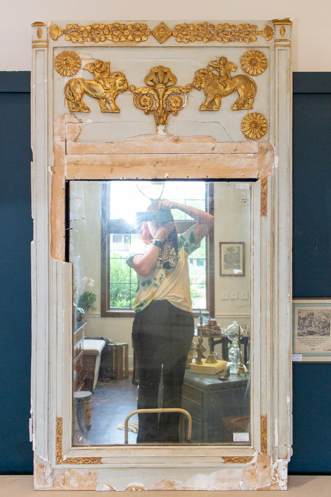 Distressed Antique French Pale Blue & Gilt Trumeau Mirror