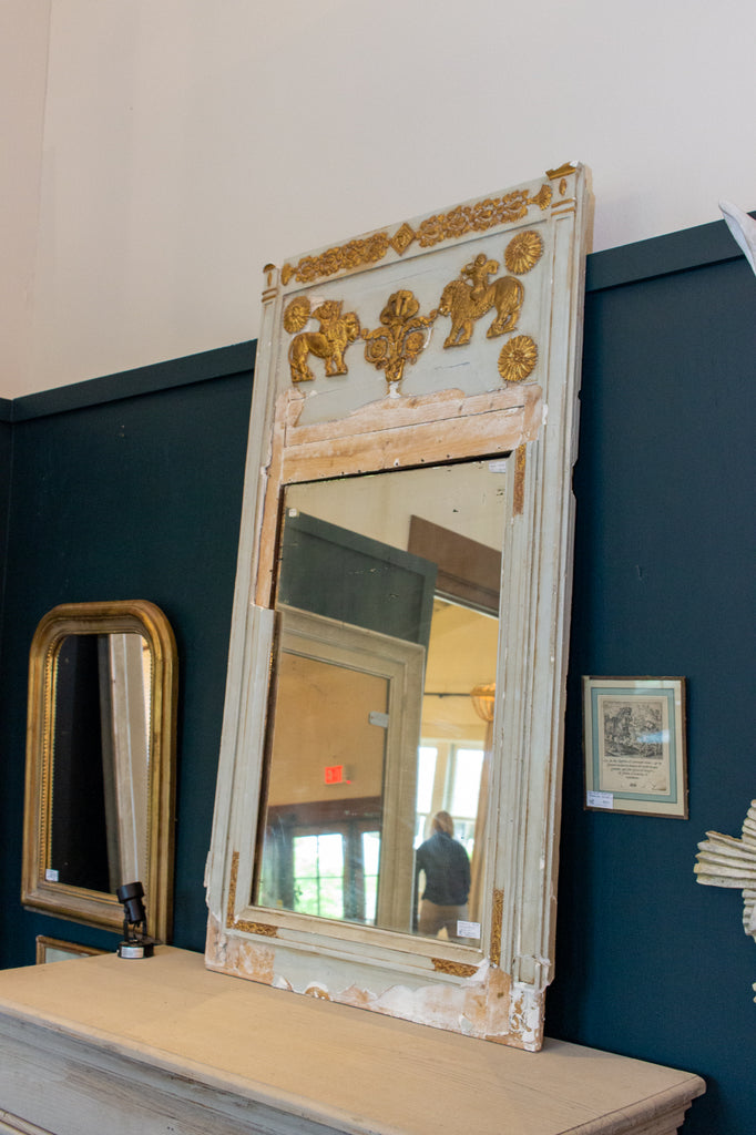 Distressed Antique French Pale Blue & Gilt Trumeau Mirror