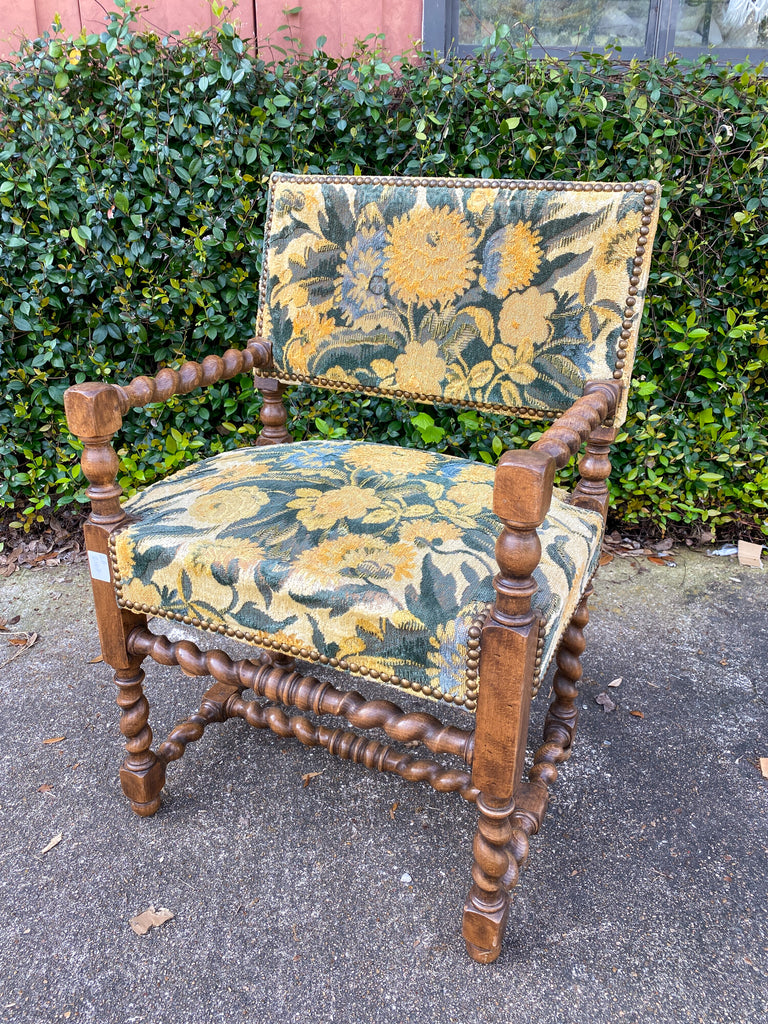 Antique French Barley Twist Armchair with Chintz Upholstery, circa 1900