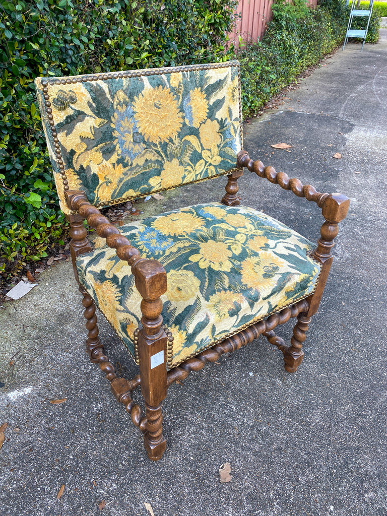 Antique French Barley Twist Armchair with Chintz Upholstery, circa 1900