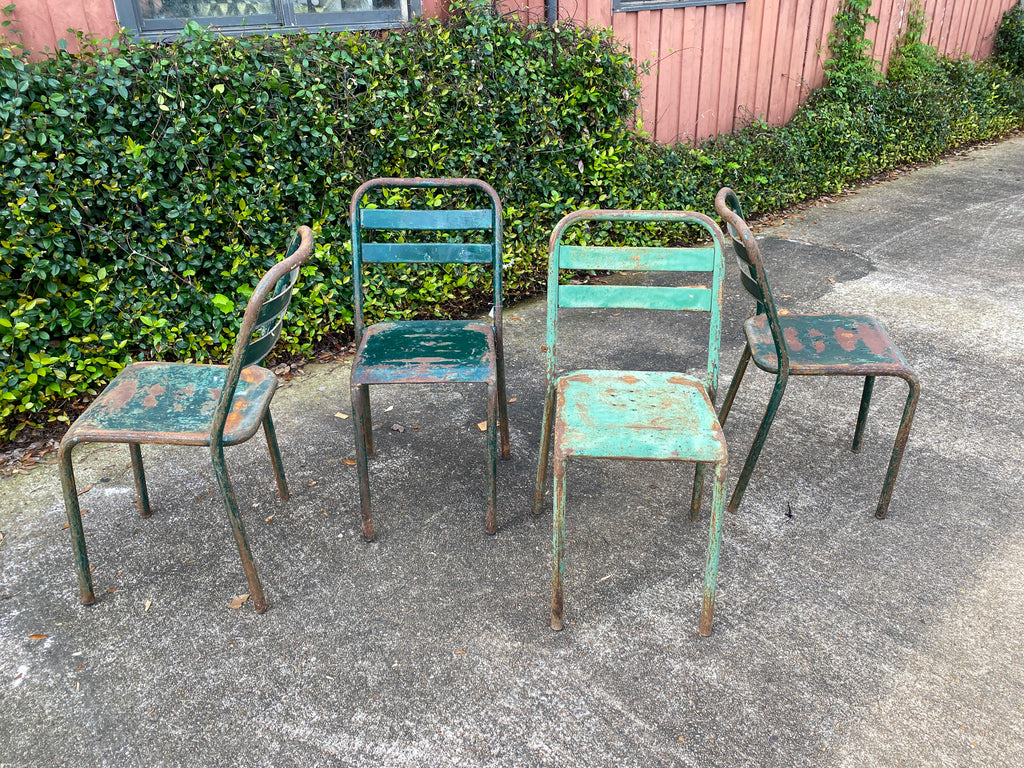 Set of 4 French Industrial Painted Metal Stacking Chairs, circa 1960s