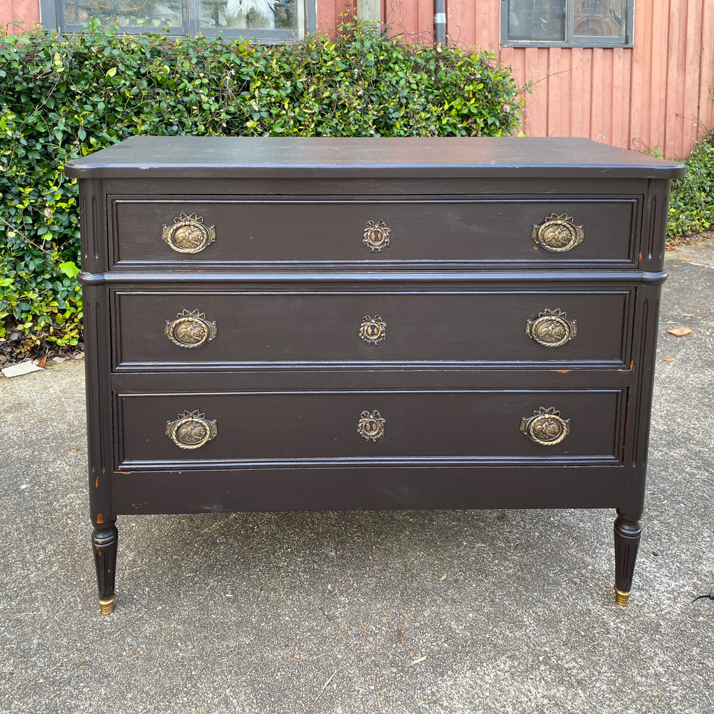 Antique French Three-Drawer Commode in Matte Black Painted Finish