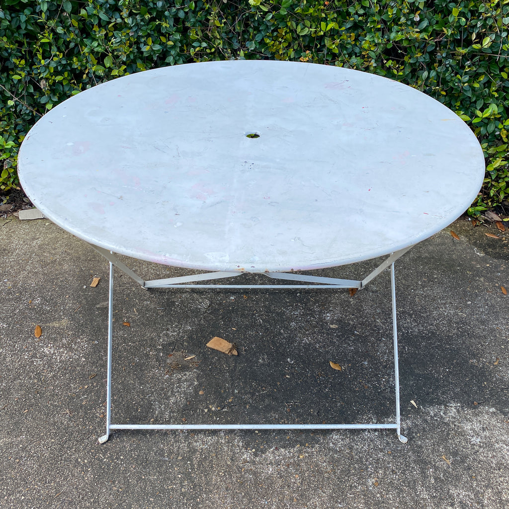 Vintage 1930s French Painted Round Metal Folding Table in Antiqued White