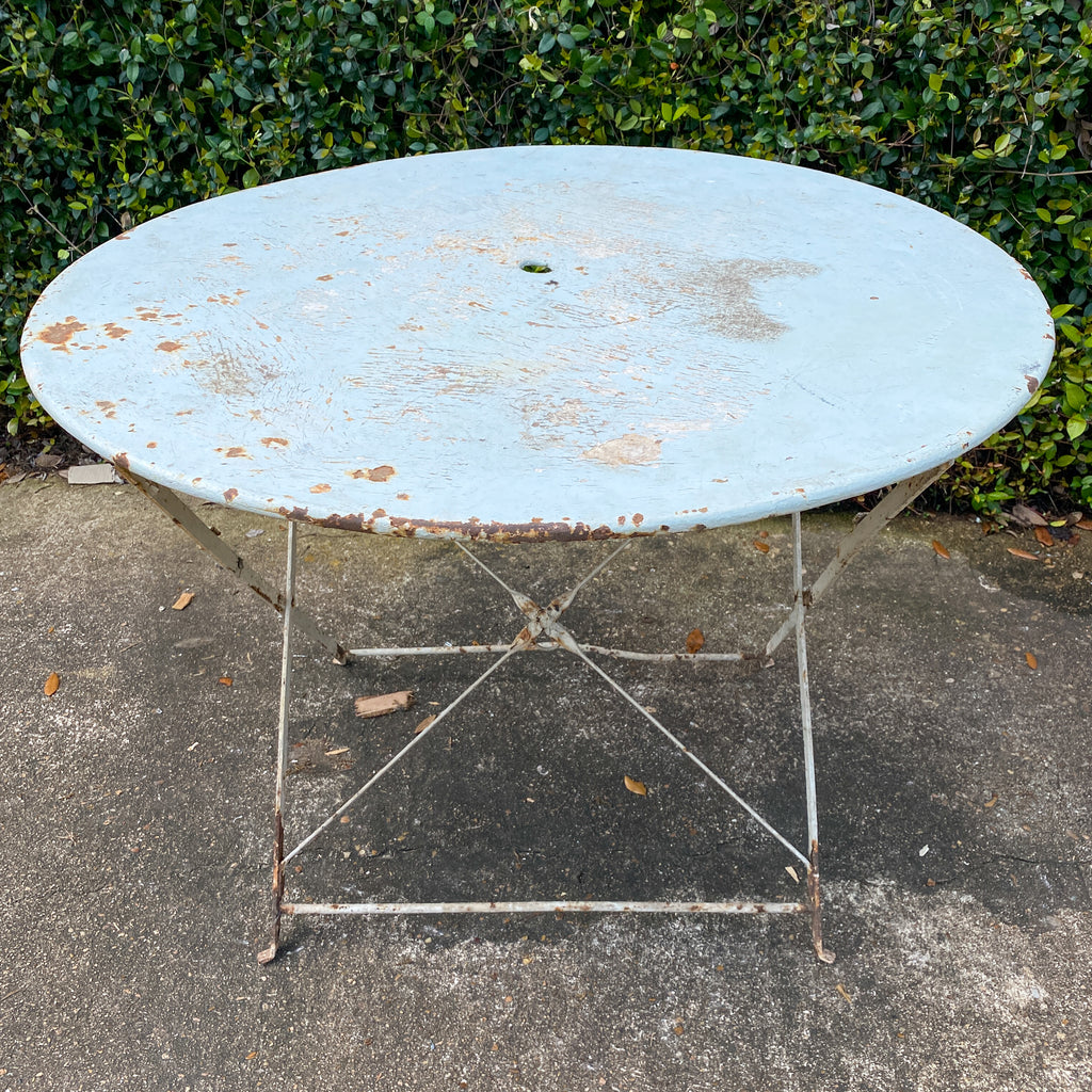 Vintage 1930s French Painted Round Metal Folding Table in Sky Blue