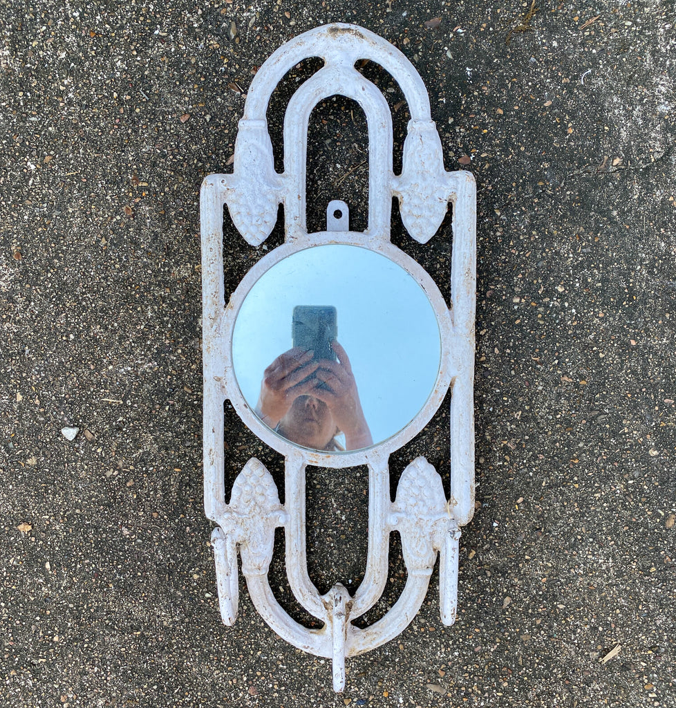 Antique Spanish Painted Cast Iron Wall Mirror with Three Hooks