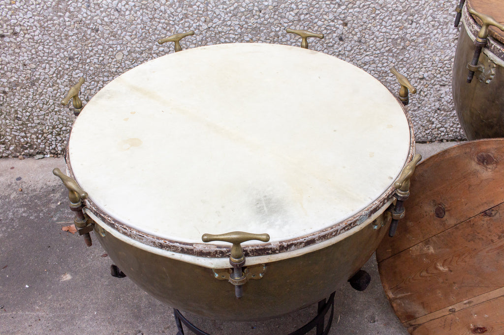 Pair of F. Van Cauwelaert 19th Century Belgian Timpani Drums and End Tables