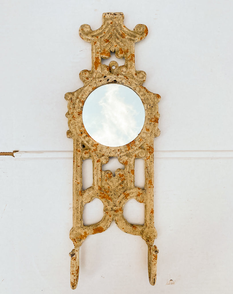 Antique Spanish Painted Cast Iron Wall Mirror with Two Hooks
