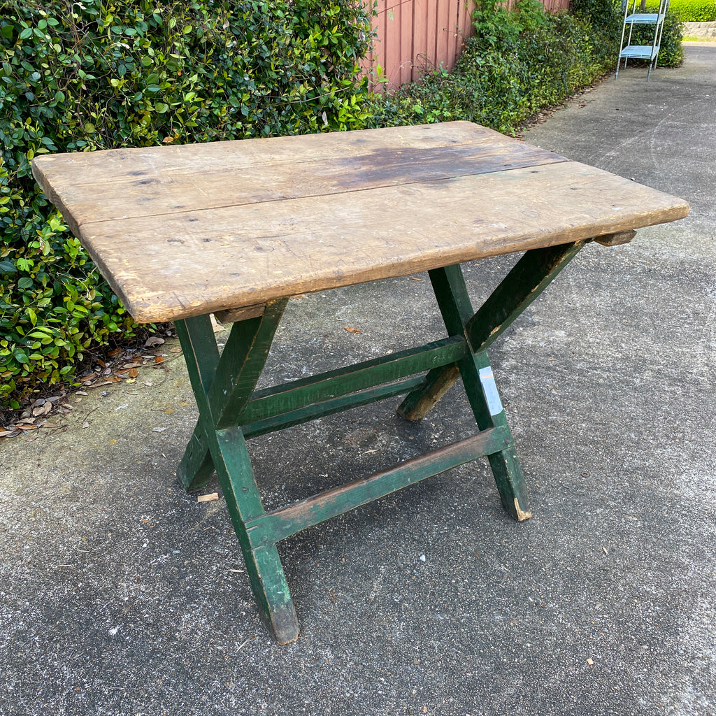 Antique French Wood Trestle Style Work Table with Green Base, circa 1850