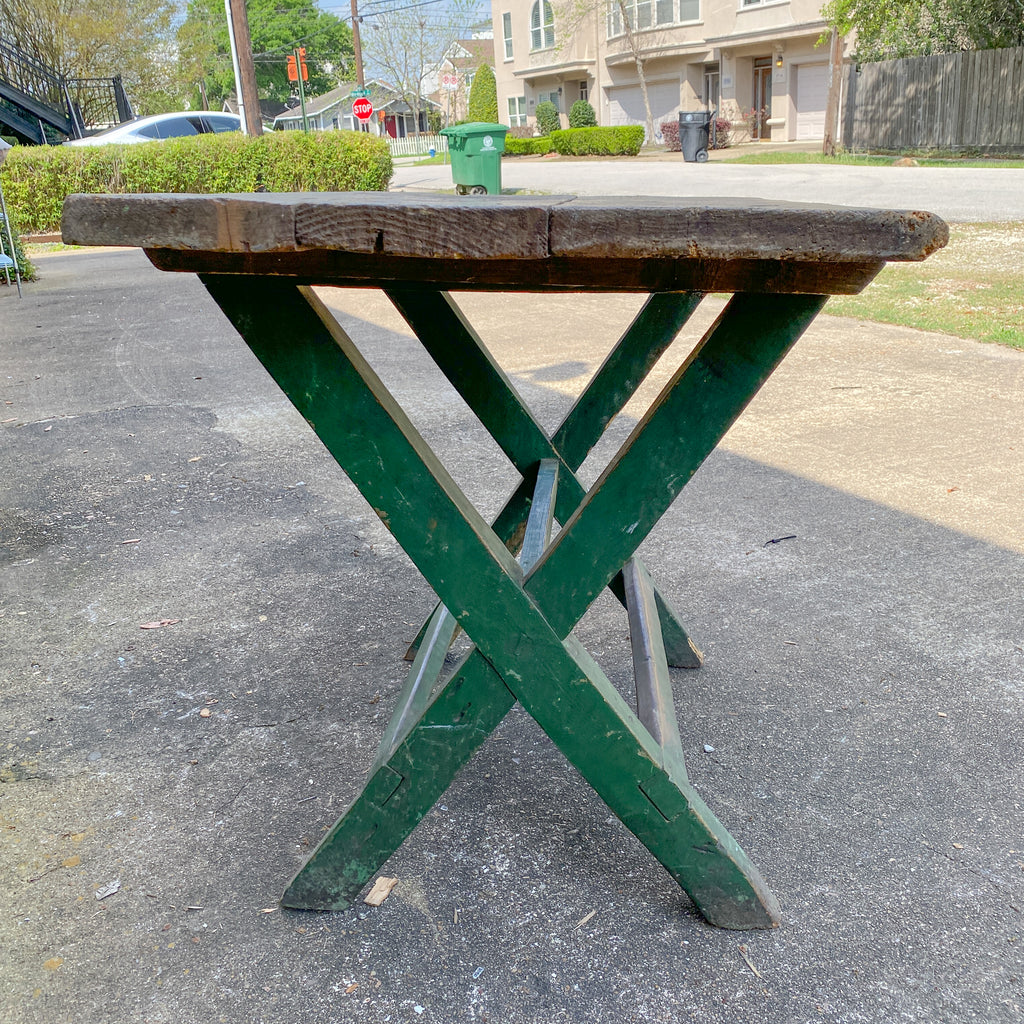 Antique French Wood Trestle Style Work Table with Green Base, circa 1850