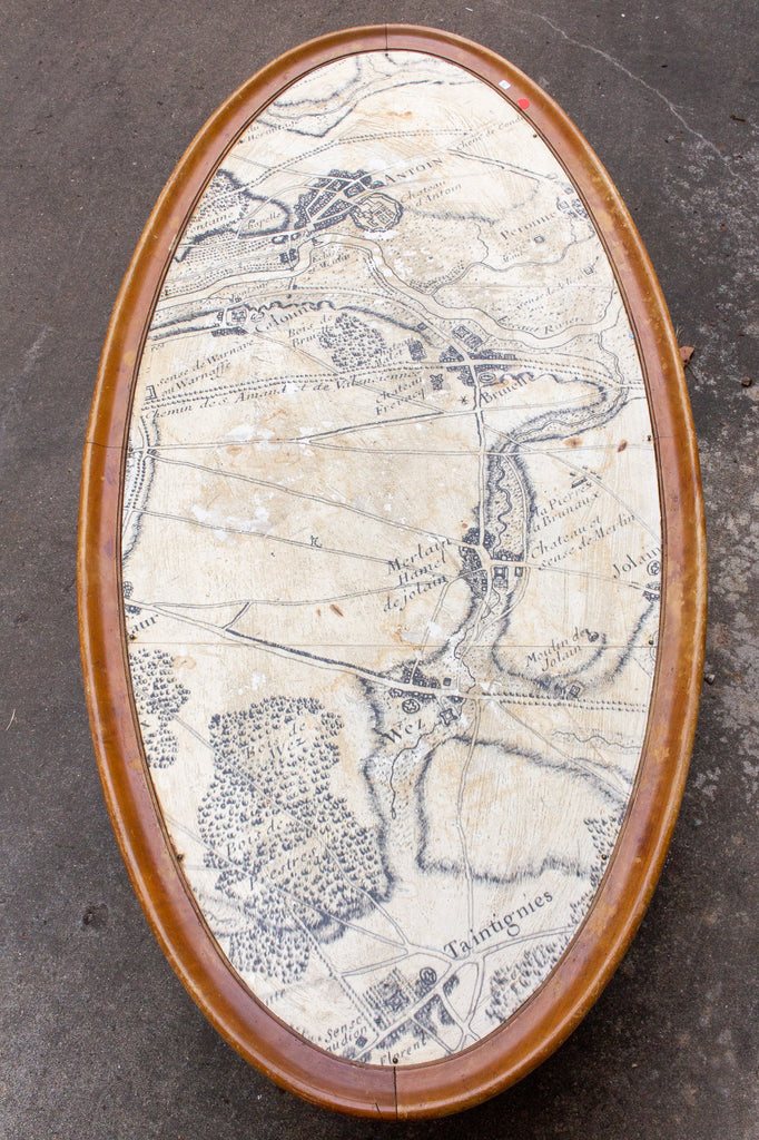 Vintage Blonde Wood Ovular Coffee Table with Map of Belgium Top Detail