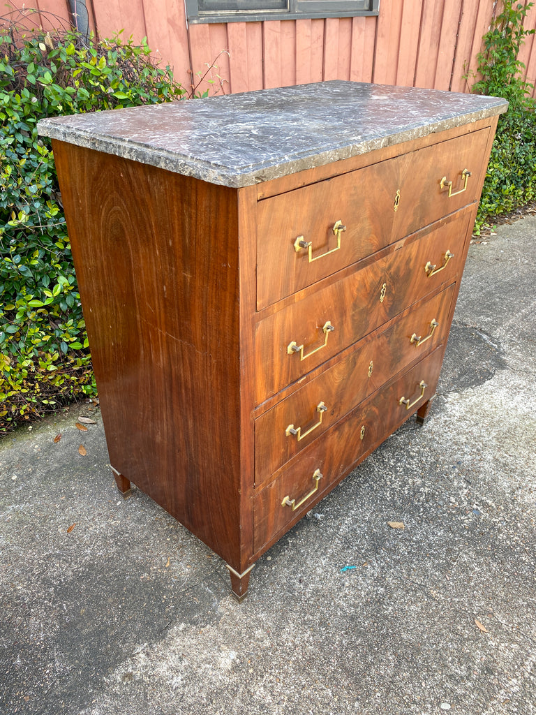 19th c French Louis Philippe Mahogany Veneer Chest of Drawers with Marble Top