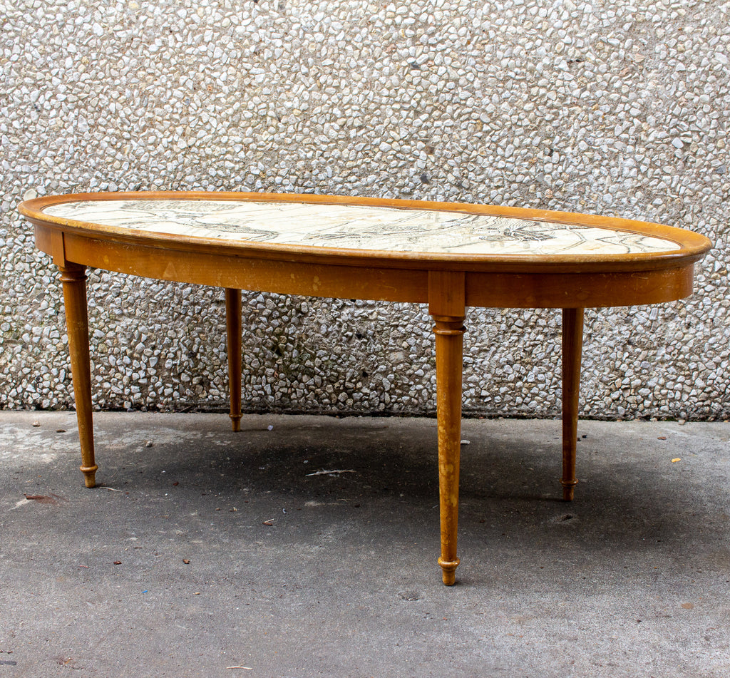 Vintage Blonde Wood Ovular Coffee Table with Map of Belgium Top Detail