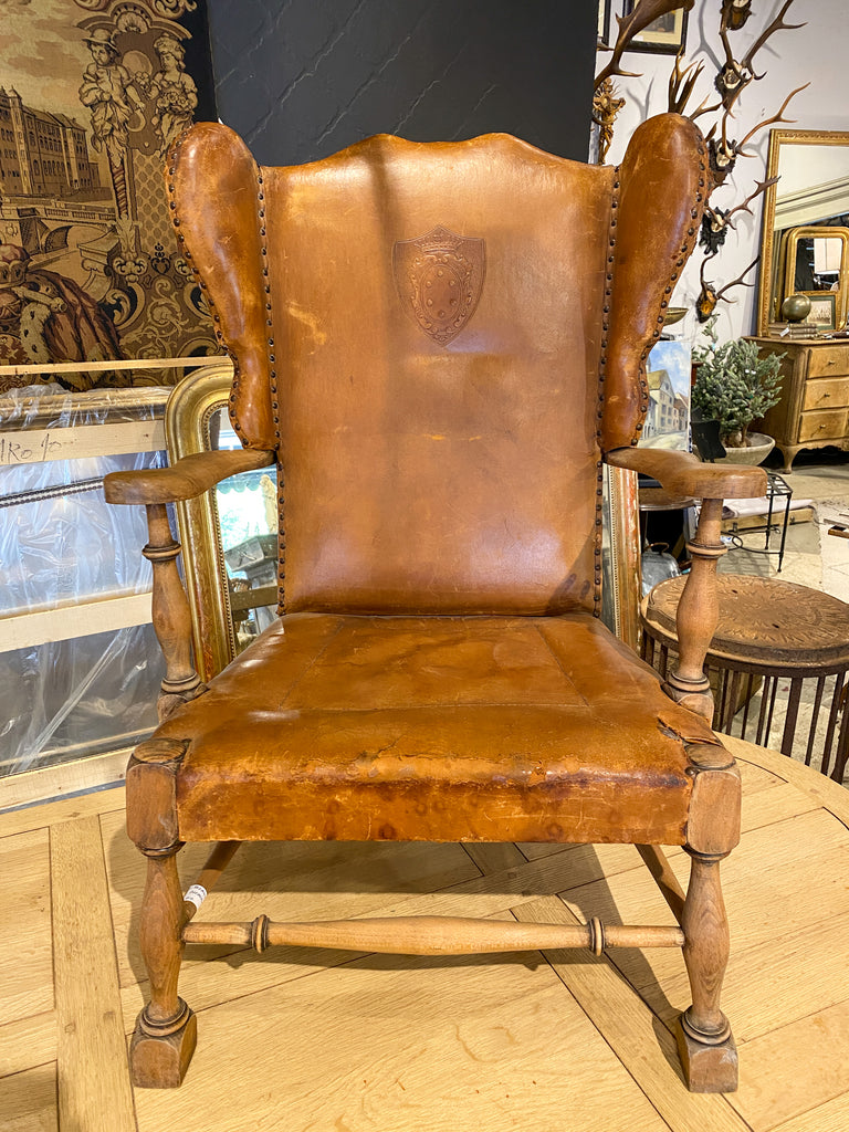1920s Italian Leather Wingback Chair with Embossed Detail