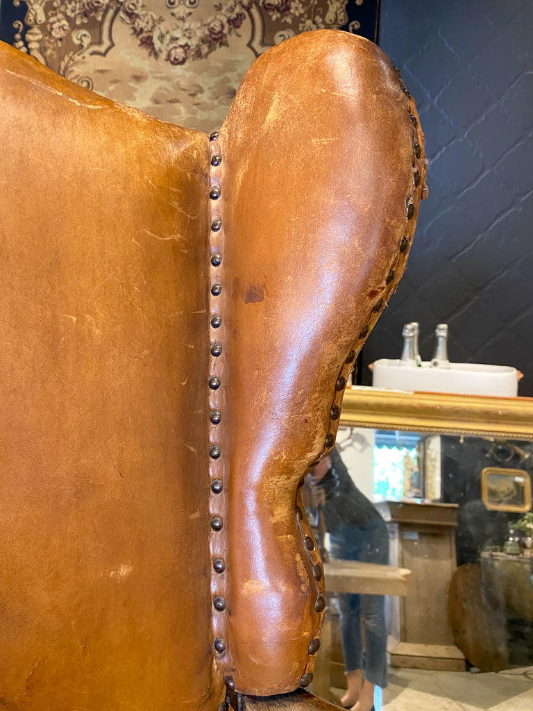 1920s Italian Leather Wingback Chair with Embossed Detail